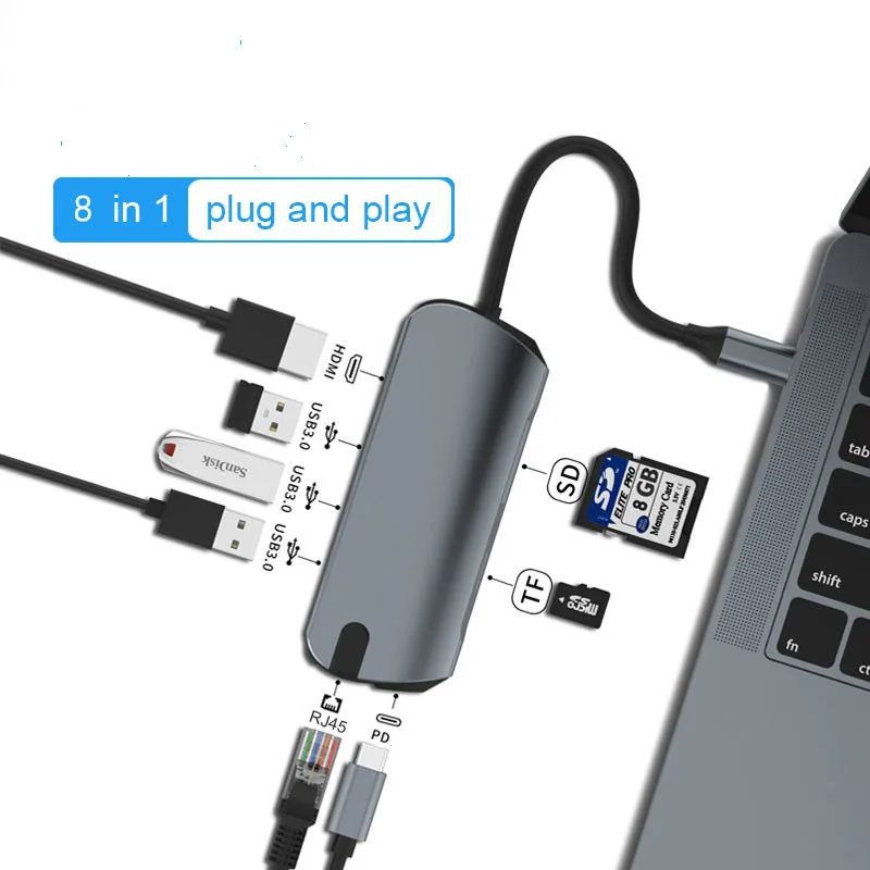 USB C HUBHDMI совместимый RJ45 PD зарядный SD кардридер USBC концентратор Type сплиттер для