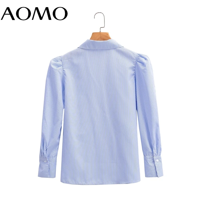 

AOMO 2021 Autumn Women Striped Print Blouse Puff Long Sleeve Chic Female Office Lady Shirt Blusas Femininas 8Y02A