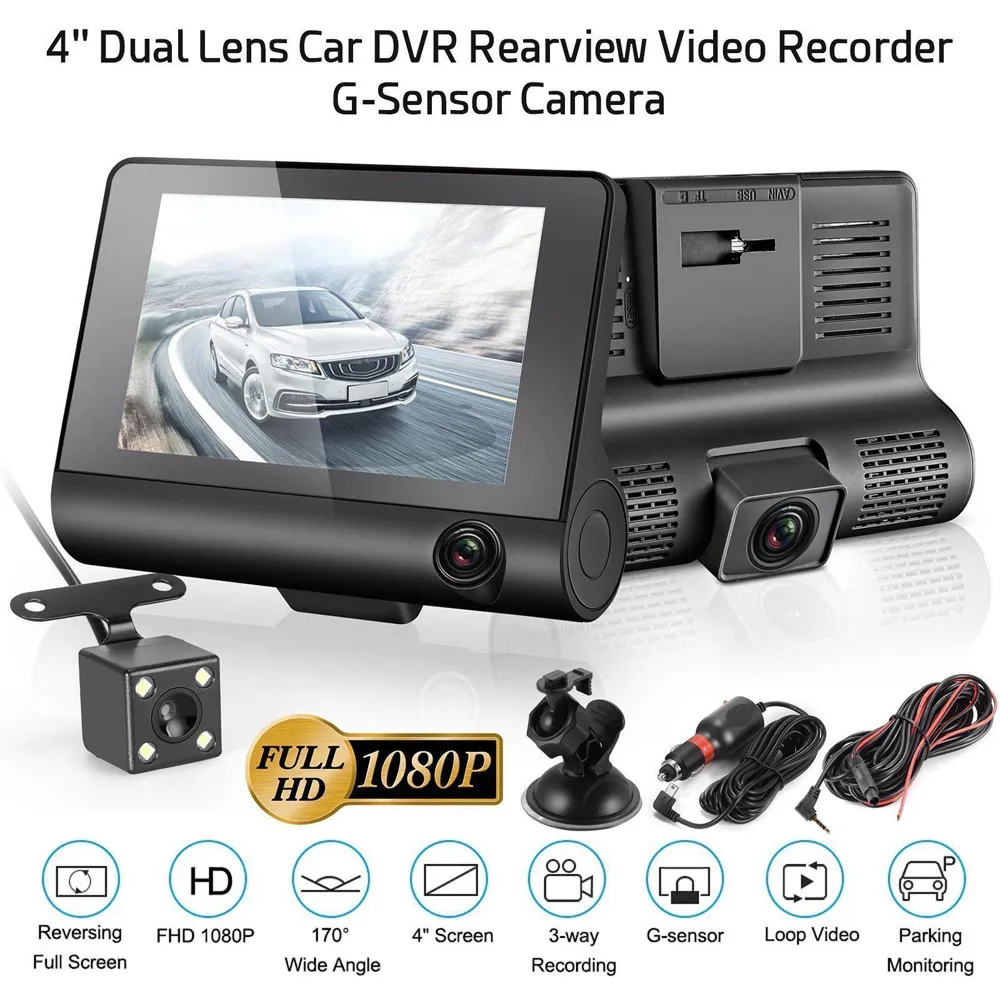

3 In 1 Car DVR 170 Degree 1080P HD Dash Cam Dual Lens Dashcam With Rear View Camera Car Front Back Inside Video Recorder 4 Inch