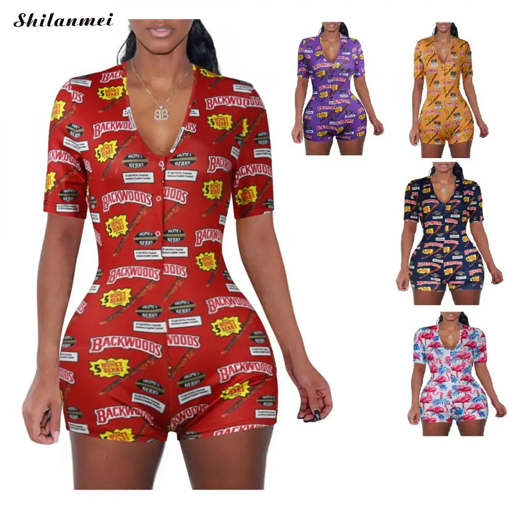 

Sexy Women Bodysuit Short Sleeve Deep V Neck Bodycon Jumpsuit Stretch Leotard Button Short Romper Pajamas Women Jumpsuit Overall