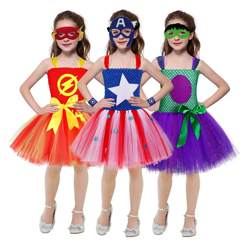 Kids Captain America Hulk Cosplay Tutu Dress Super Heroes The Flash Avenger Halloween Birthday Costume Cloak Goggles Set | Детская