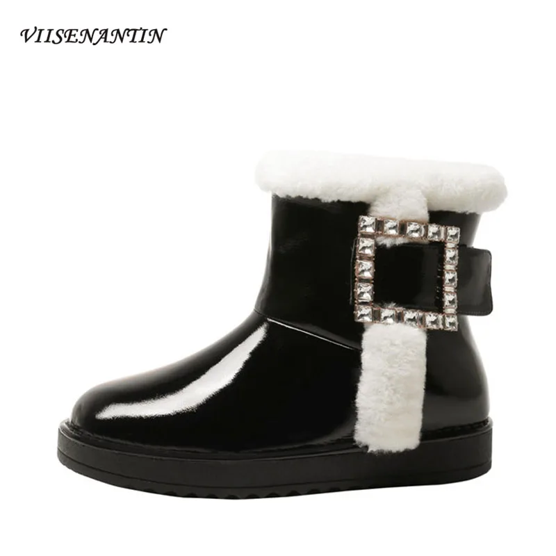 

Женские зимние сапоги Стразы с квадратной пряжкой, смешанные кашемировые сапоги для снежной погоды, Яркие Кожаные Сапоги из хлопка, коротки...