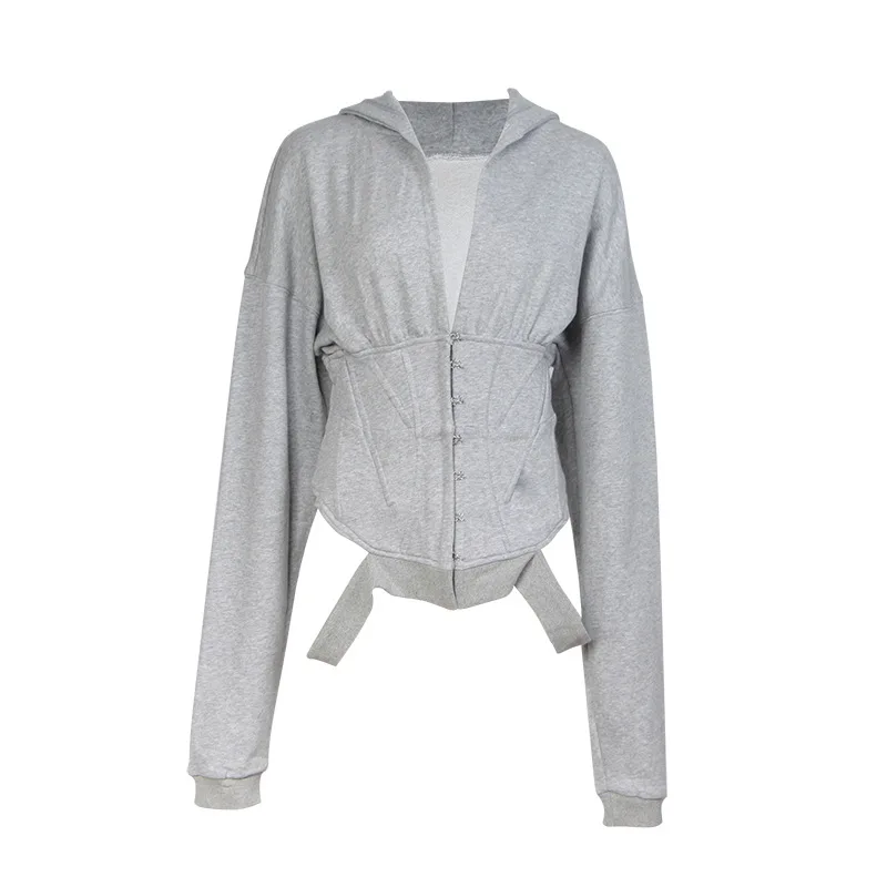 

SeeBeautiful Waist Loose Sweatshirt Hooded Long Sleeve Hasp Irregular Simple Hoodies New Fashion Autumn 2021 Women M256