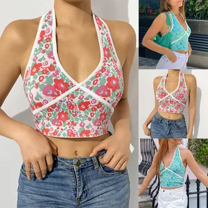 Floral Crop Top Y2K Aesthetic Corset Top Patchwork Cute Halter Tops Female Vintage Summer Beach Sexy Camis