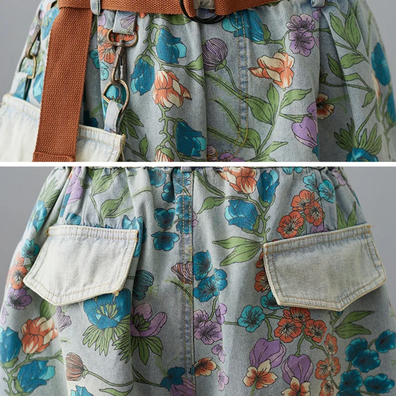 

IEQJ High Elastic Waist Printing Denim Large Wide Leg Patch Pocket Shorts Temperament Women Fashion Tide New Summer 2021 3QA817