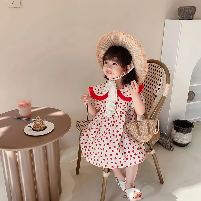 

2021 Summer New Products Children'S Clothing Girls Dress Sweet Polka Dot Dress Lapel Pastoral Princess Dress