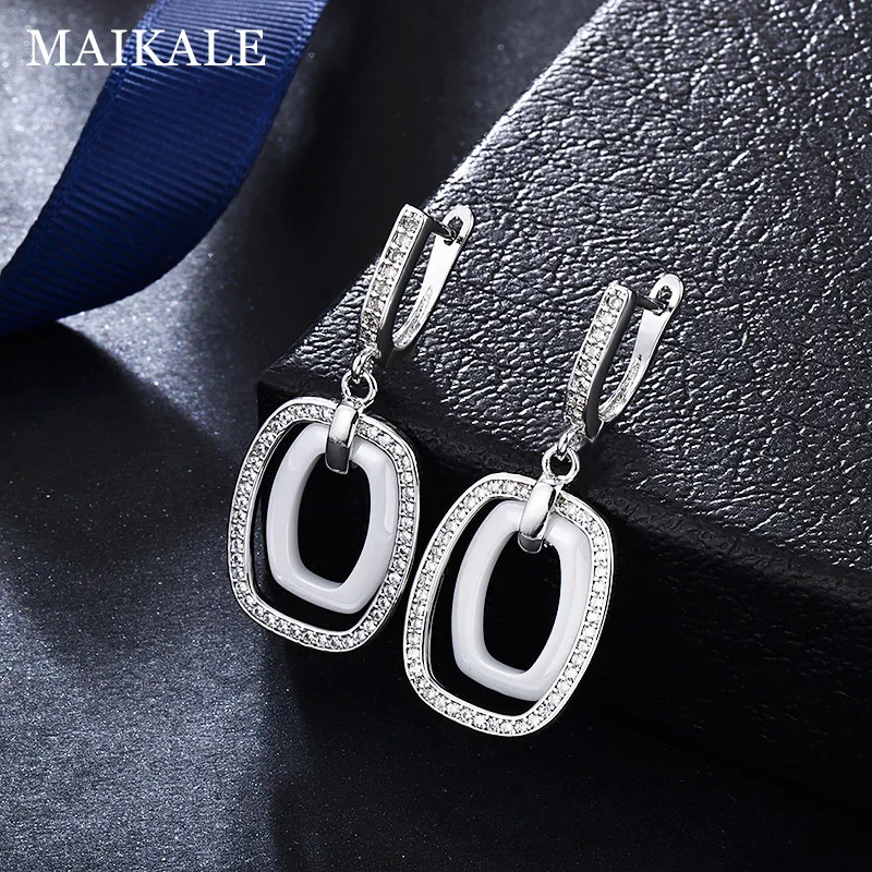 MAIKALE, новинка, модные квадратные Висячие серьги, медь, AAA, кубический цирконий, черный, белый, керамический, золотой, серебряный цвет, серьги для женщин, подарок