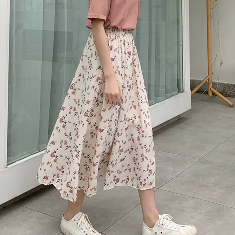 

Retro Sweet Style Floral Prints Skirts For Women Beach Sunny Breathable Chiffon Skirts Fashion Wild High Waist Skirt