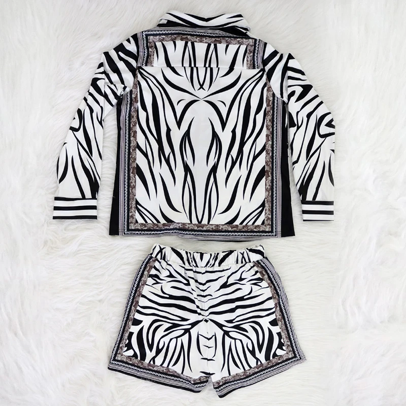 

Bonnie Forest Fashion Zebra Print Shirt Top And Shorts Set Two-Piece Suits Vintage Print Blouse Set Work Suits Office Wears