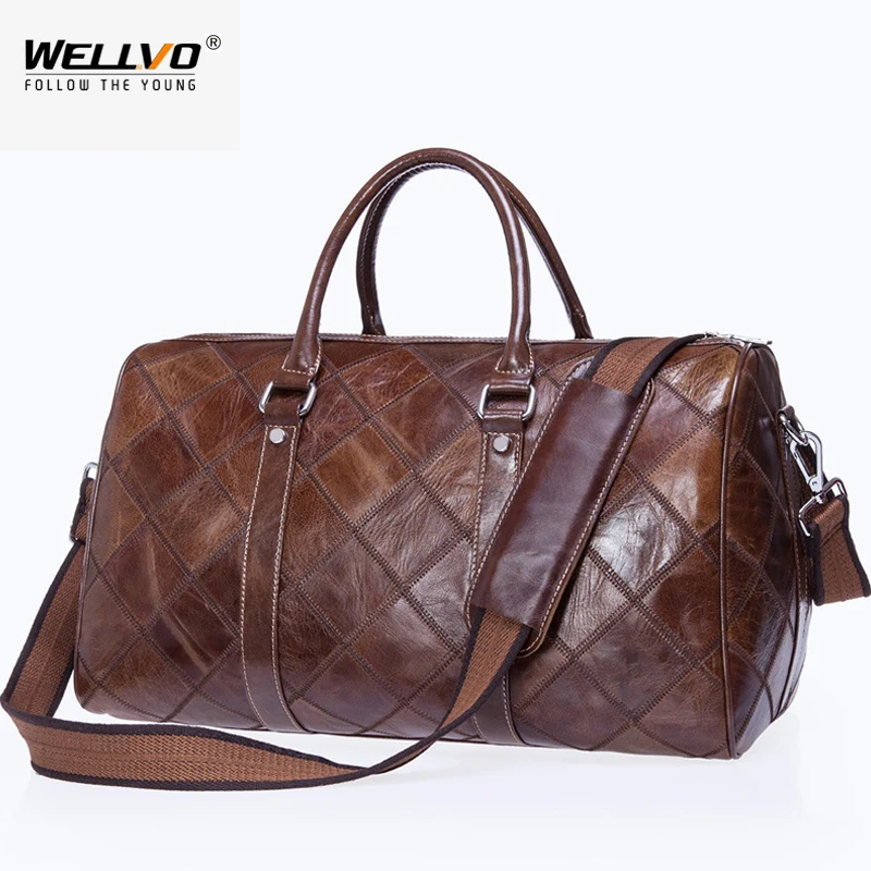 Men Travel Bags High Quality Cowhide Handbags Retro Large Capacity Luggage Bag Genuine Leather Hand Bags Lattice Duffle XA793ZC