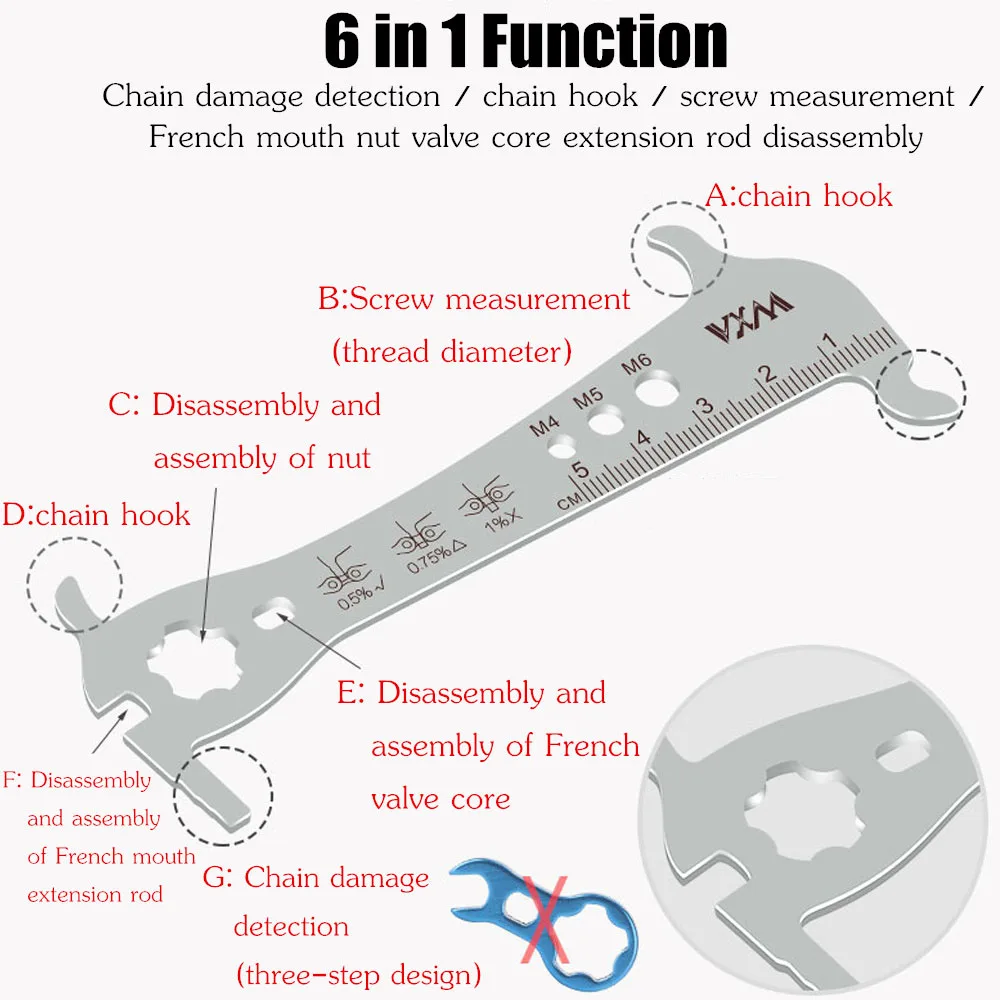 Инструмент для проверки износа цепи велосипеда VXM, совместимый с цепями Shimano, Sram, KMC и другими от 7 до 11 скоростей.
