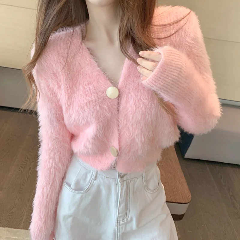 

Pink White Crop Mink Fur Mohair Top Soft Fur Knit Cardigan Y2k Sweater Coat Long Sleeve V-Neck Harajuku Women Korean Sweaters