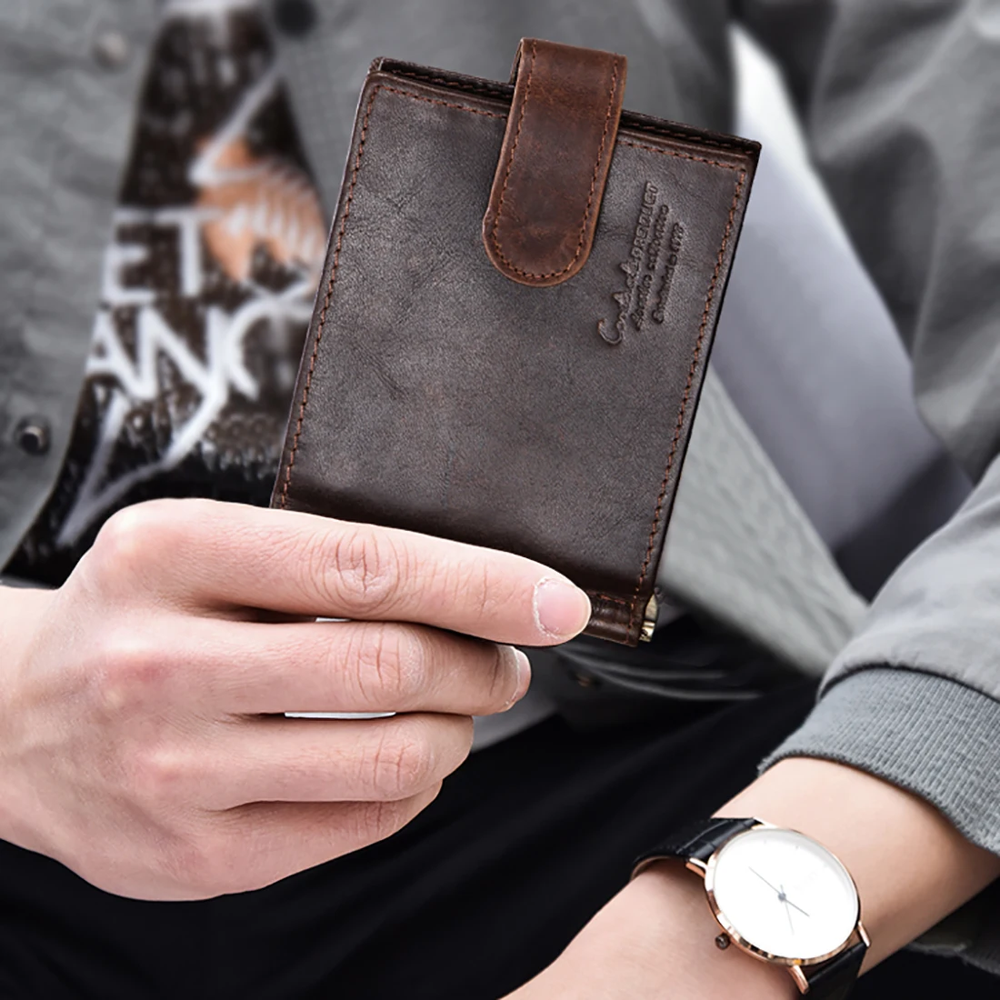 

Vintage Genuine Leather Men MoneyClip Short Wallet With Hasp RFID Anti-magnetic Card Holder Driver License Male Slim Coin Purse