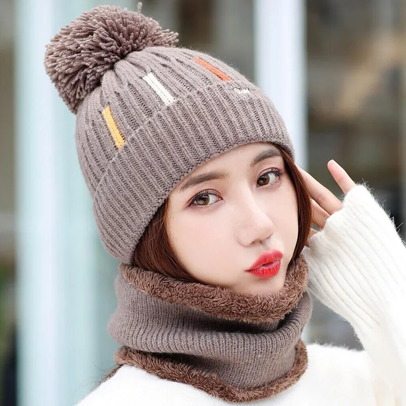 Knitted Hat With Scarf Collars SUOGRY Sets For Women Winter Ladies Hat& Scarf With Pompom Thick Two Piece Keep Snow Warm Set