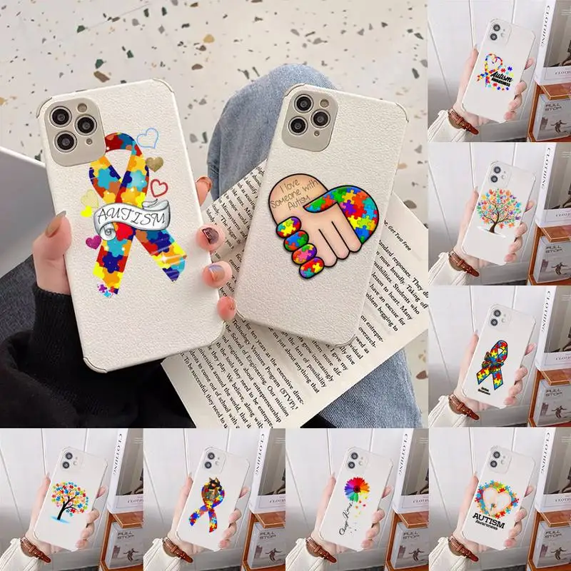 

Puzzle Autism Awareness Phone Case Lambskin Leather For iphone 12 11 8 7 6 XR X XS PLUS MINI PLUS PRO MAX Shockproof