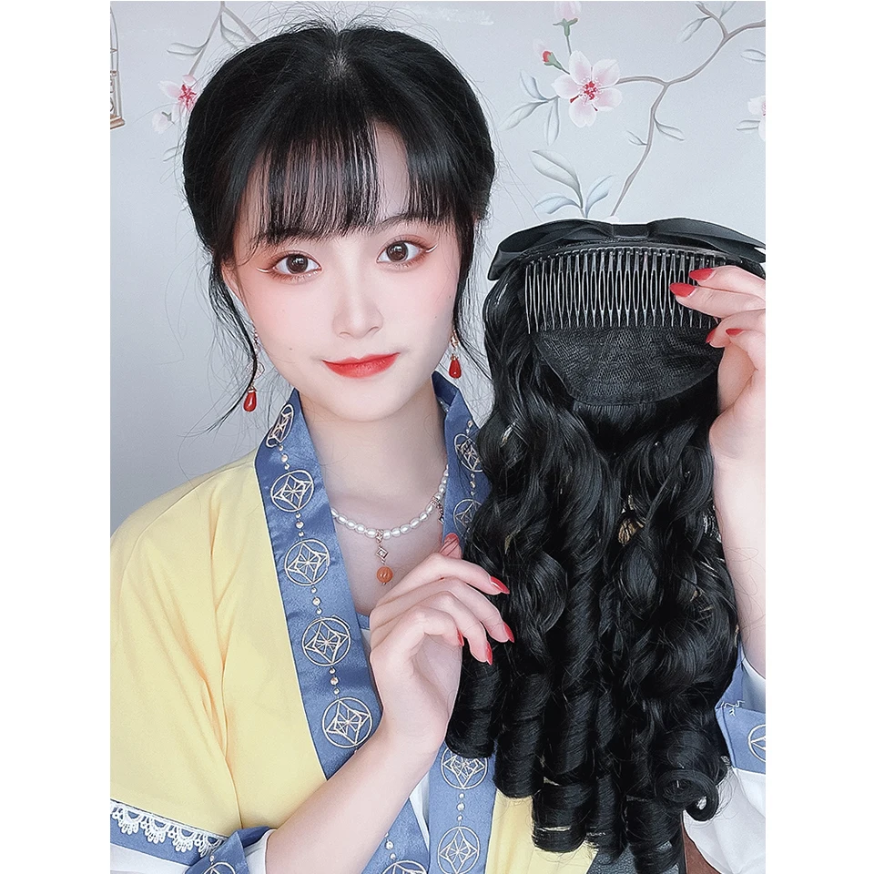 

HOUYAN Ponytail wig female Republican style Roman roll princess fritters curly ponytail retro wig court curly bow