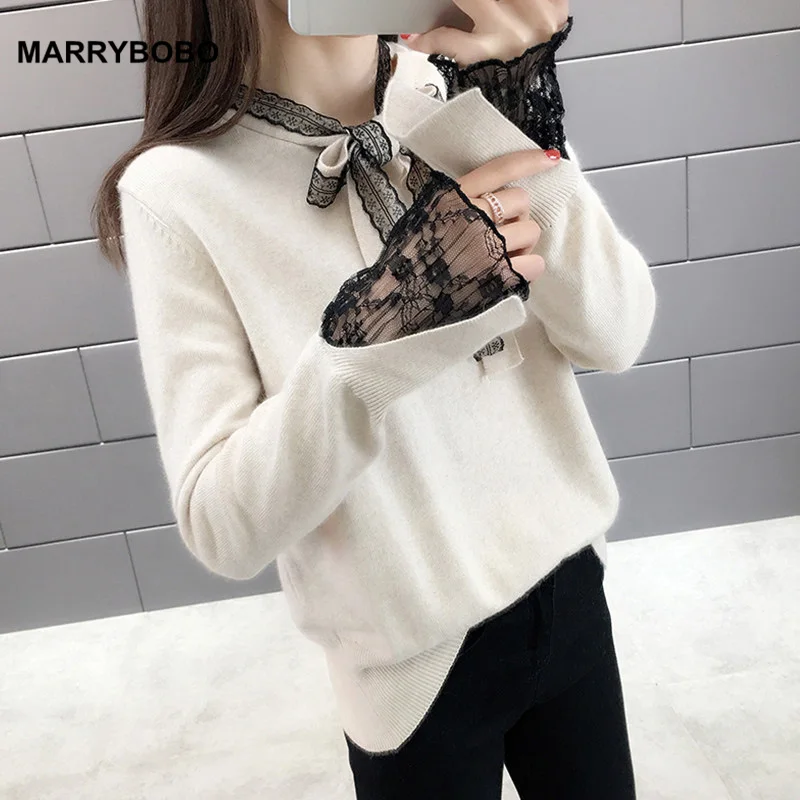Осенне-зимние женские вязаные свитера 2019 повседневные кружевные лоскутные