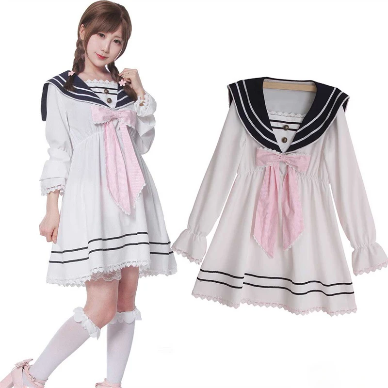 

Preppy Style Japanese Women Lolita Bowknot Chiffon Long Sleeve Dress JK Uniform Sailor Dresses Girls Party Princess Lace Dress