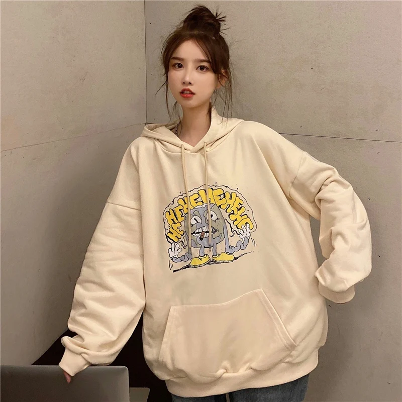 

Cartoon Hoodie Women Apricot Grey Sweatshirt 2021 New Autumn Street Leisure Cute Top Female Pullover Girls Pocket