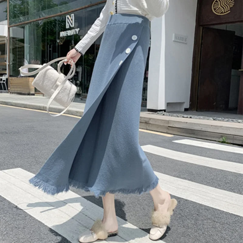 

Skirts Women High-waist Side-split Skirt 2021 Solid Color Ladies Sweet Elegant All-match Simple Fashion New A-Line