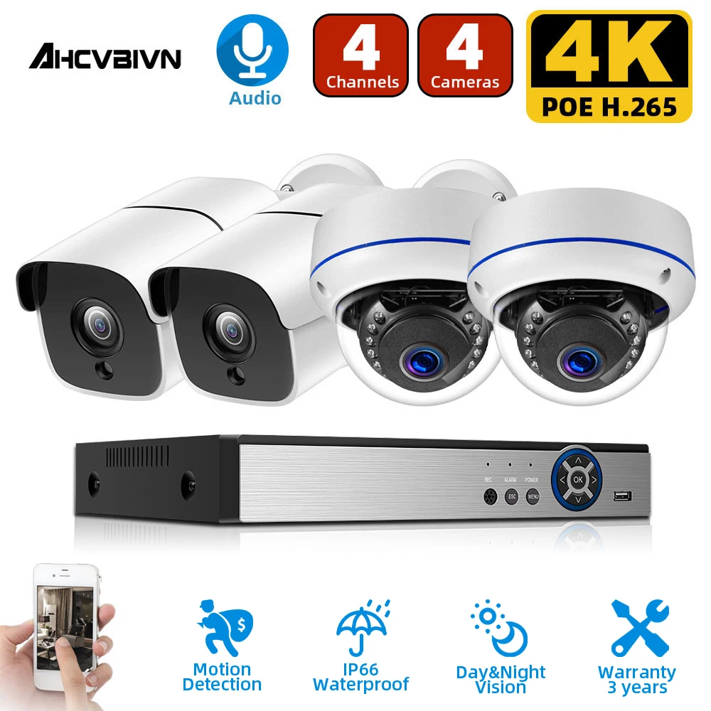 

8MP 4K Ultra HD Security Camera System 4ch PoE NVR & 4 PoE IP Bullet Dome Cameras Surveillance 4CH NVR Kit P2P XMEYE