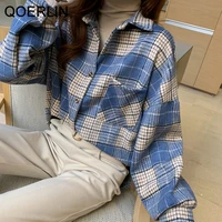 qoerlin vintage thicken woolen blend plaid shirt women 2021 spring harajuku long sleeve pocket oversize shirt blouse coat plus
