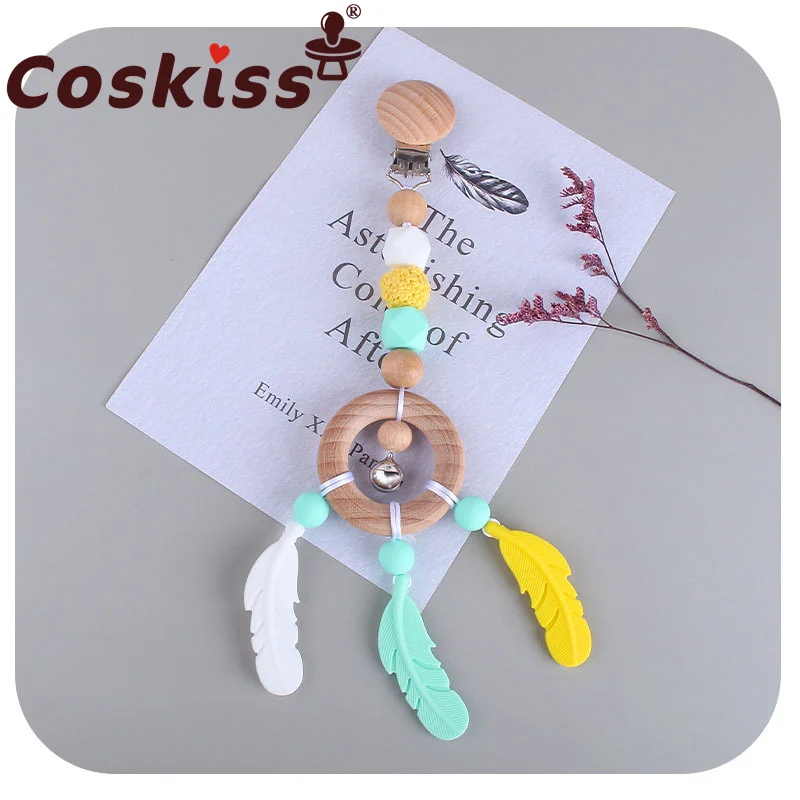 

Coskiss Beech Wood Ring Toy Teether New Cartoon Feather Silicone Molar Stick Pacifier Chain Anti-drop Chain Nipples Bracket