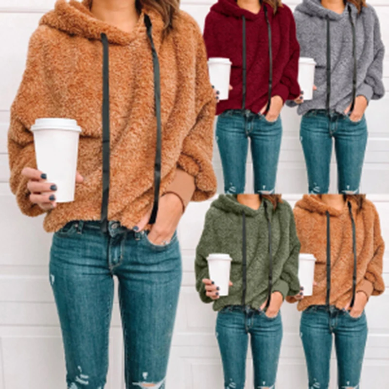 

S-5XL Plus Size New Pullover Hooded Lace Up Plush Sweatshirt Women's Casual Solid Loose Versatile Top soft Shipping autumn