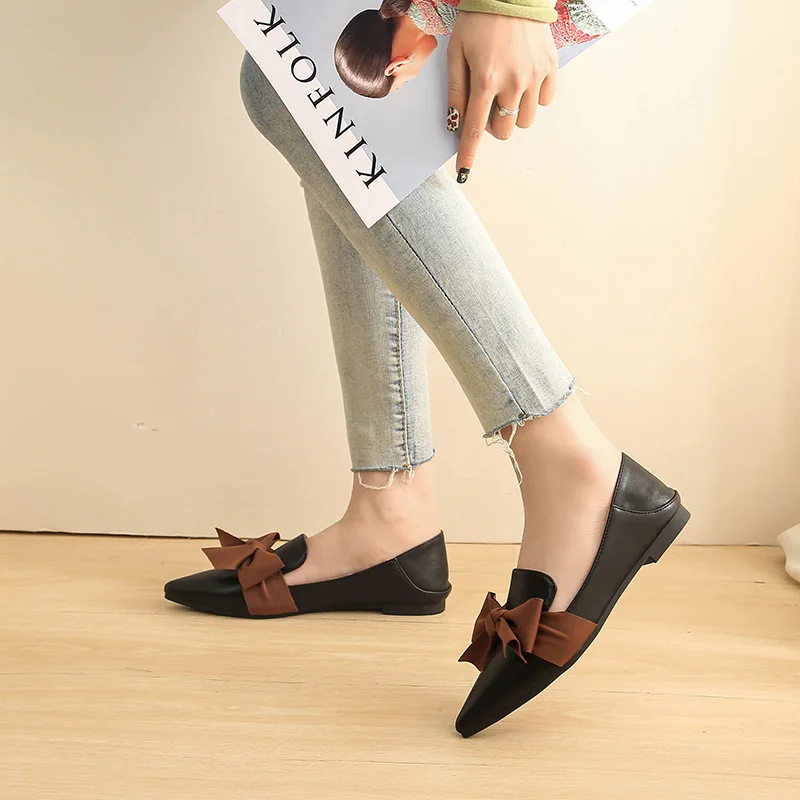 Earth Stat 2021 Autumn New Shoes Large Size Single Chaussures Women Fashion Bow Flat Loafers Soft Sole Capatos De Mujer 35-43