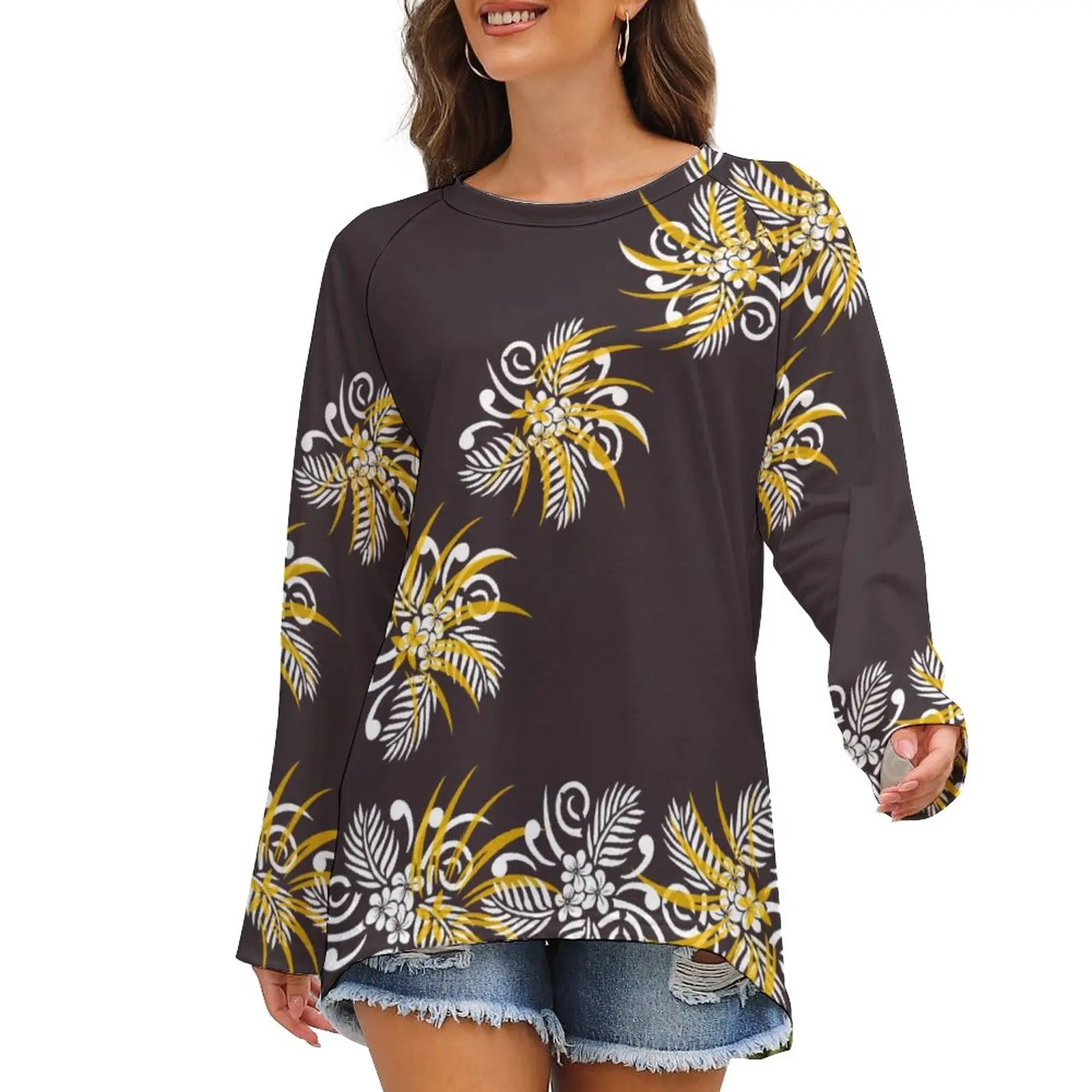 

Hot Sale Holiday Island Graphic Tee Polynesian Chic Trendy Lady Autumn Breathable Raglan Long Sleeve T-Shirt OEM/ODM