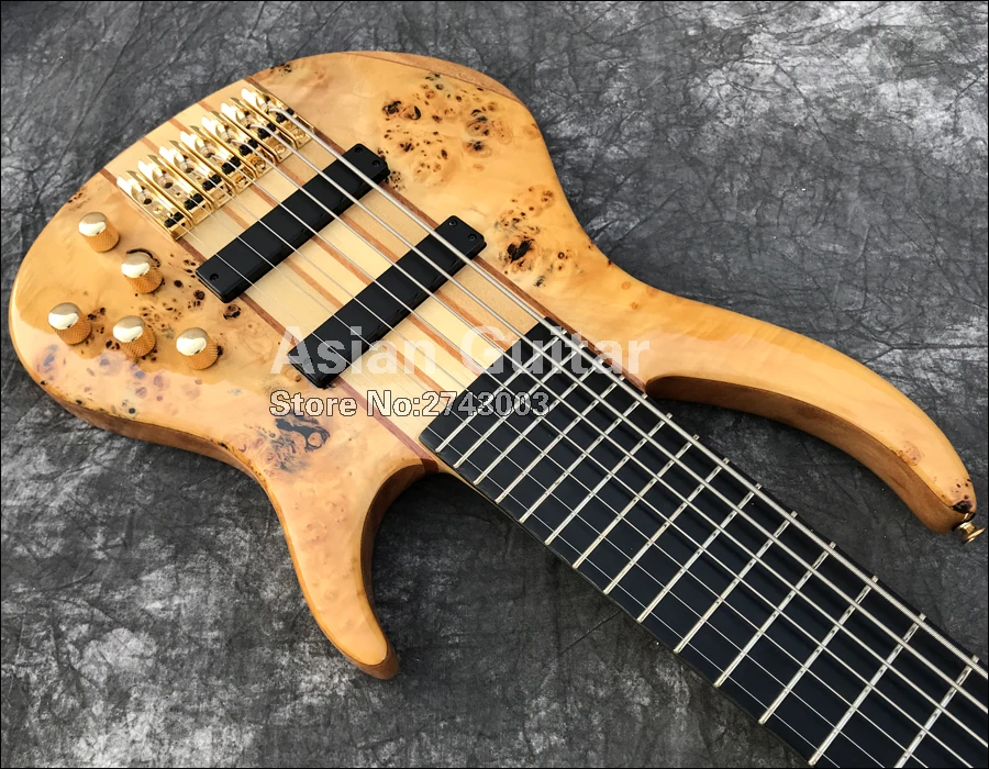 Вымершие 7 струн электрический бас, 11 шт. через шею, твердые Spalted кленовый заусенец, гриф из черного дерева, активные звукосниматели, реальные фото показывает