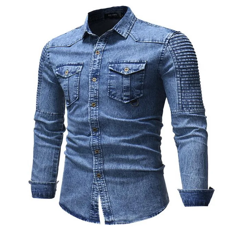 Джинсовая рубашка мужская с длинными рукавами модная плиссированная блуза из