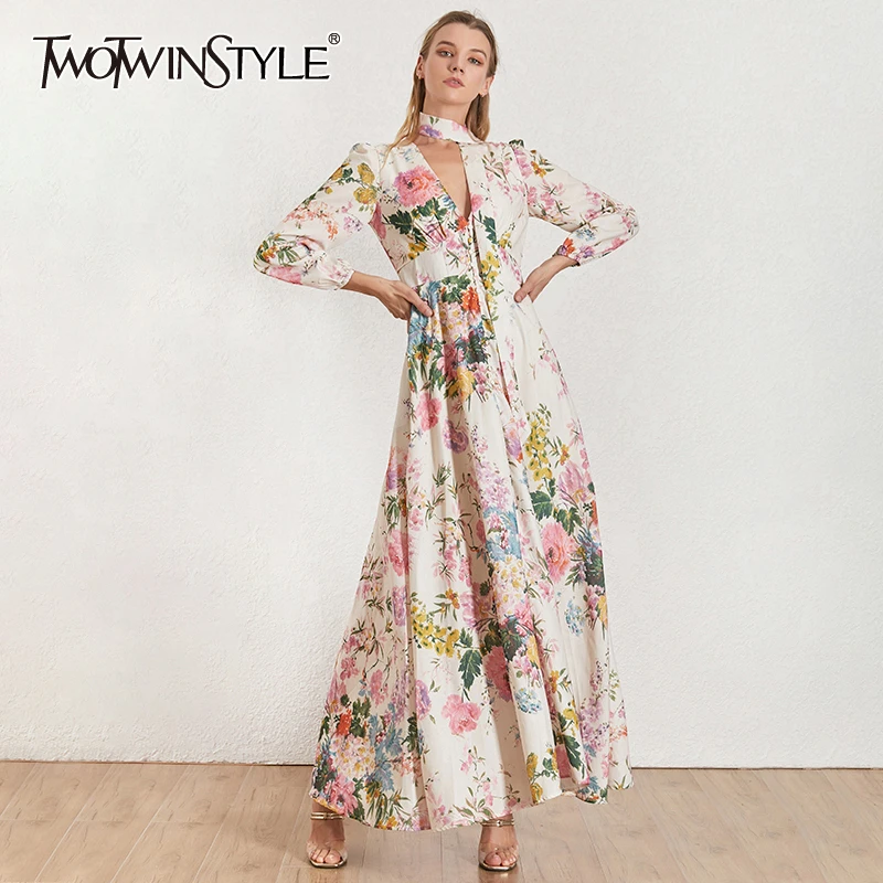 TWOTWINSTYLE осеннее платье с принтом для женщин, v-образный вырез, фонарь, длинный рукав, высокая талия, платья женские Модные Винтажные, одежда новая