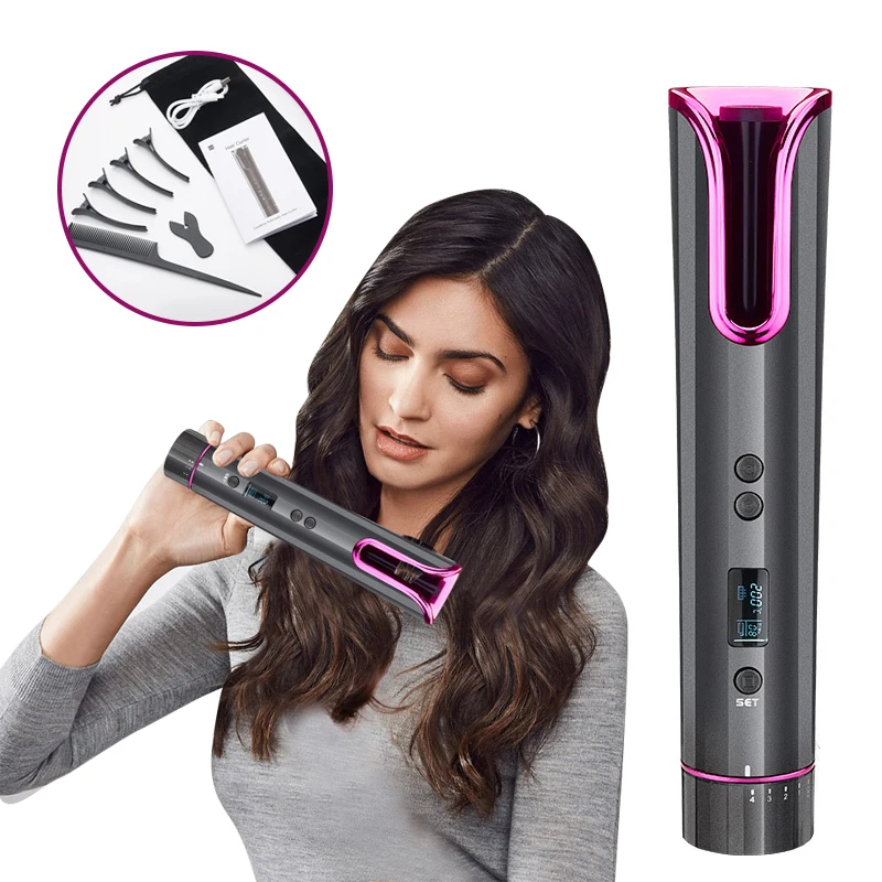 

Cordless Automatic Hair Curler Rotating Wave Styer USB Rechargeable Curling Iron LED Display Temperature Adjustable Styling Tool