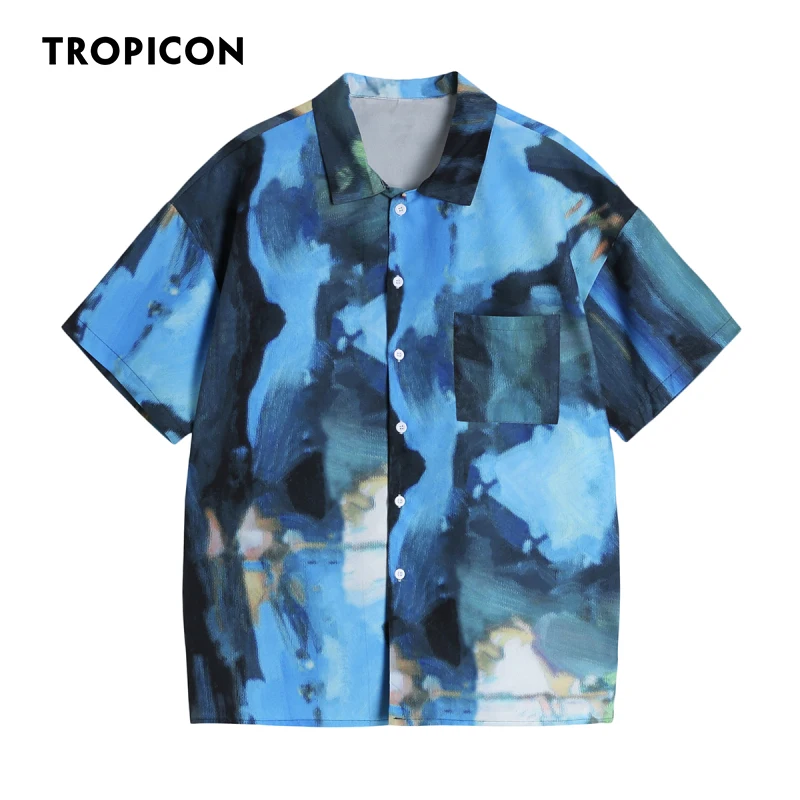 

TROPICON Oil Painting Designer Button Up Shirt For Women Summer 2021 Fashion Loose Short Sleeve Collared Shirt Blue Fashion Top