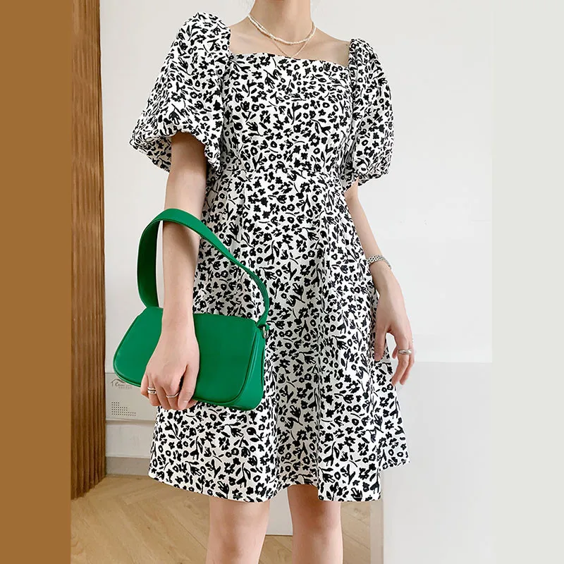 

Summer 2021 Square Neck Printed Puff Sleeves Women Mini Dress White Blue Casual Mid Waist A-line Dresses Lady Vestidos De Verano