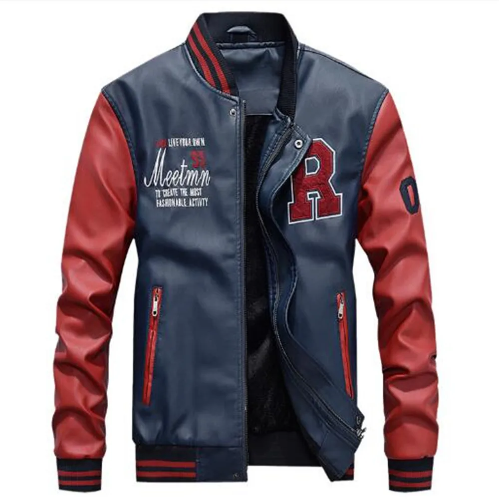 

Зимняя мужская кожаная куртка-бомбер, роскошная бейсбольная куртка с вышивкой для колледжа и мотоцикла, куртка-пилот из искусственной кожи