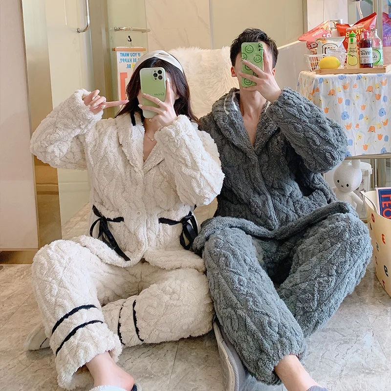 Couple Flannel Pajamas Set Women Men Winter Three-layer Cotton Leisure Suit Thick Coral Velvet Loose Casual Lovers Sleepwear