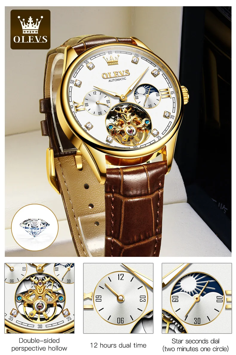 

2021 New Products Men's Mechanical Watch Moon Phase Sapphire Multifunctional Automatic Watch Leather Bracelet Watch