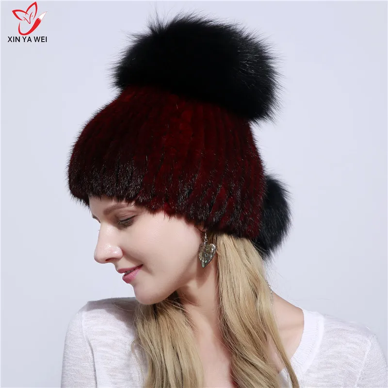 

2019 New Fashion Fur Hat Real Mink Fur Hat Winter High Quality Female Mink Hat Winter Accessories Fox Fur Ball Warm Hat
