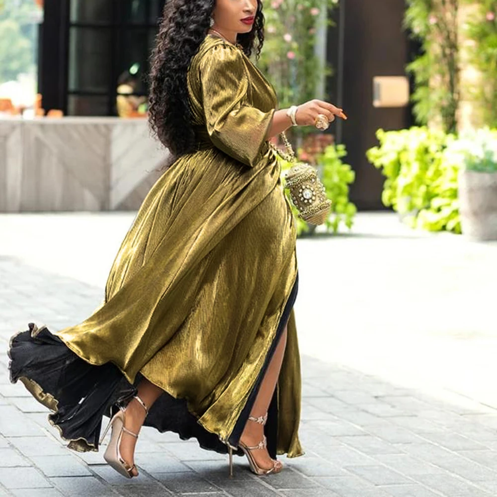 Роскошное Золотое блестящее платье с разрезом и v образным вырезом сексуальное