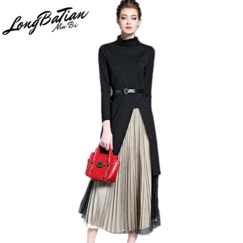 Осенняя Женская юбка костюмы 2020 черный вязаный свитер длинная трикотажная