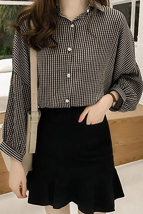 

Autumn Winter Women Korean New Basic Large Size Loose Shirt Bat Sleeve Plaid Shirt Blouse Women