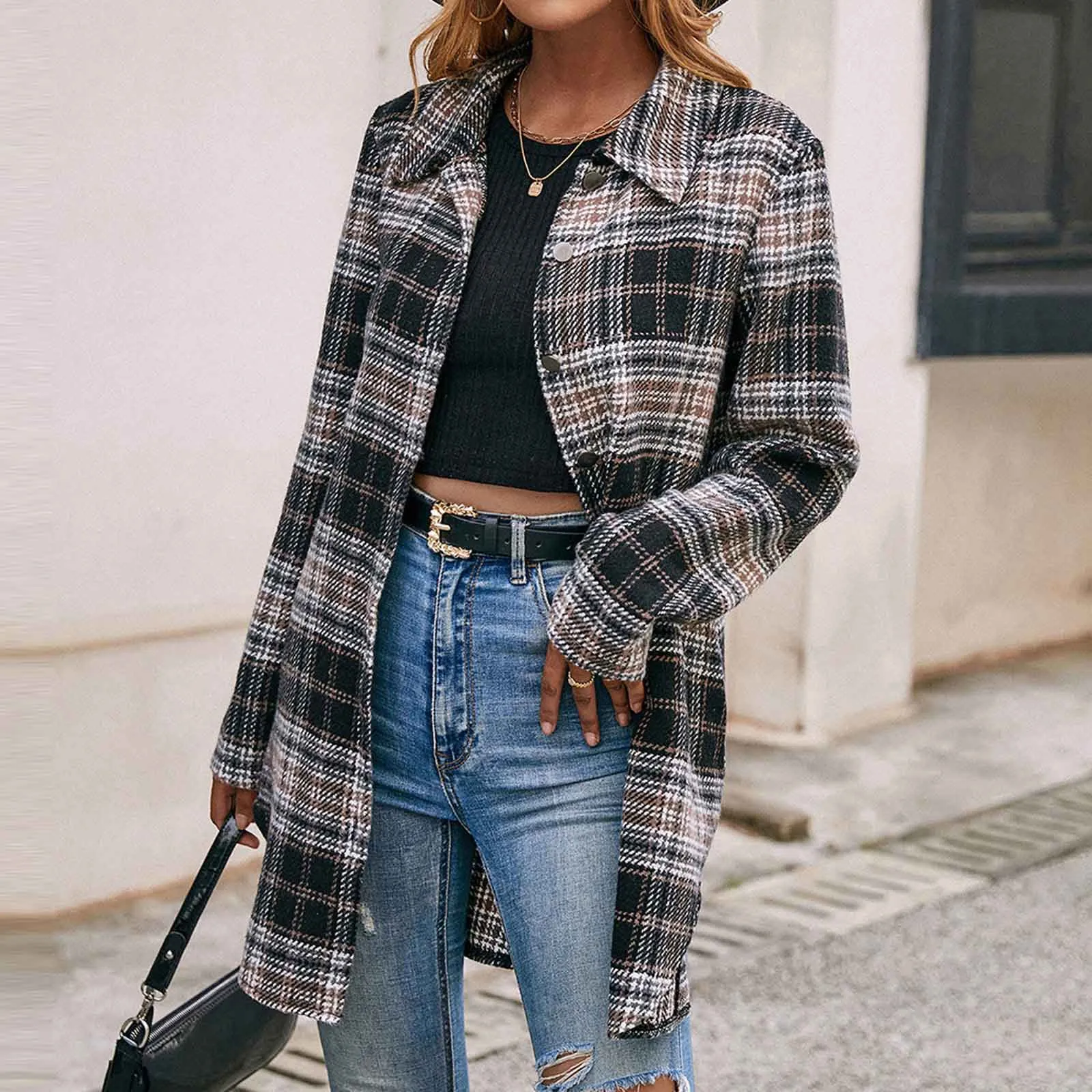 

Элегантная осенняя куртка, женская блузка в клетку с длинным рукавом и отложным воротником, Повседневная модная Женская Офисная куртка, Жен...