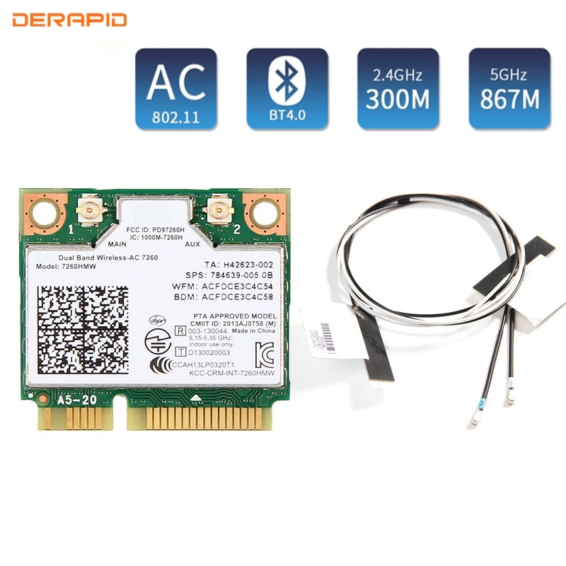 Двухдиапазонный 1200 Мбит/с 802.11AC для Intel7260 7260AC 7260HMW 2 4G/5 ГГц Bluetooth 4 0 Mini PCIe Wi Fi