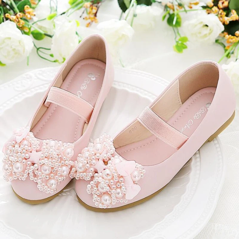 Белые танцевальные туфли с жемчугом для девочек большие детские лодочки крючком