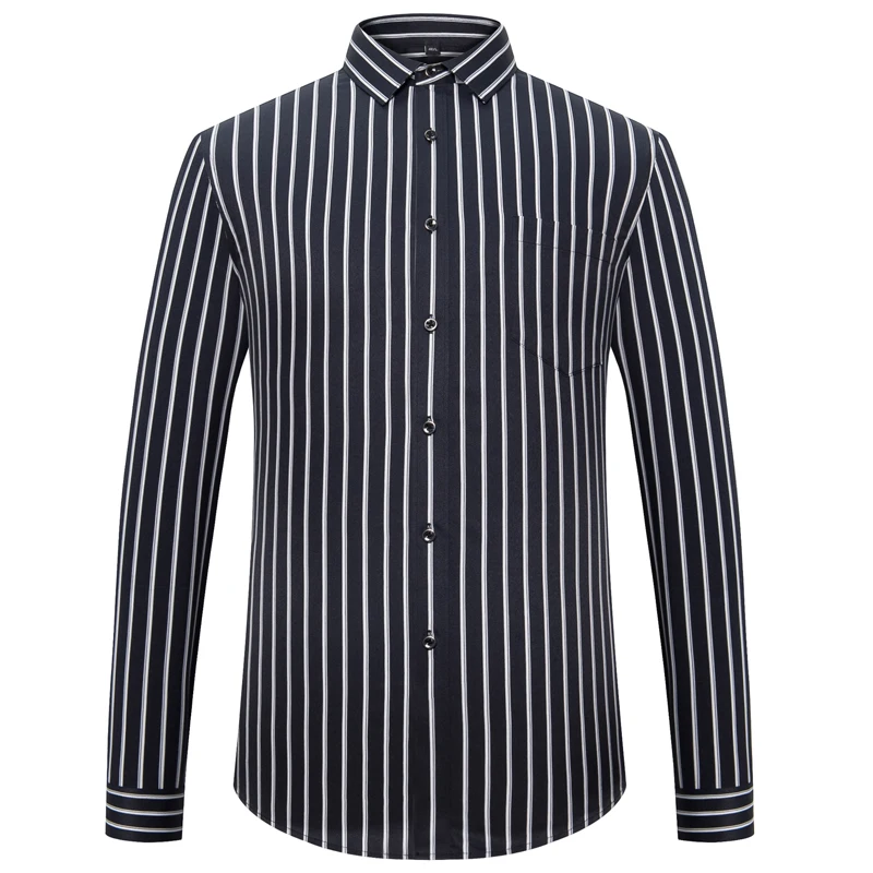 

Men's Fashion Long Sleeve Silky Fabric Striped Shirts Single Patch Pocket Work Casual Standard-fit Easy Care Classic Dress Shirt