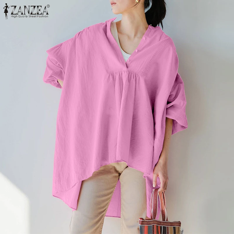 

Повседневная Асимметричная рубашка, свободная рубашка ZANZEA, женские офисные блузки, модные однотонные Топы с длинным рукавом, Осенние офисн...