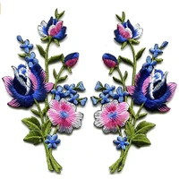 1 pair flower appliqued iron on floral patches sequin embroidered petals pink blue scrapbooking