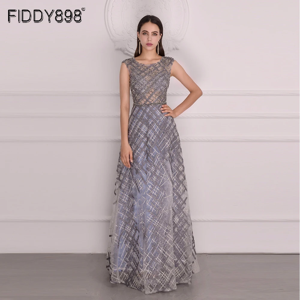 

Crystal Beaded Long Prom Dress A-line Tank Sleeveless Plaid Party Gowns 2020 For Women Sheer Top Robe De Soiree ASA-0145